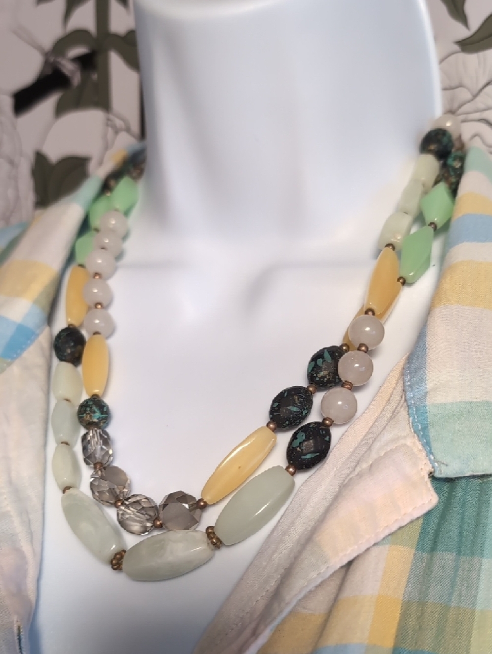 Pastel Multi-Strand Beaded Necklace in Mint, Cream & Yellow
